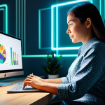 A professional female content creator, fully clothed in modest business casual attire, is seated at a sleek modern desk in a well-lit home office. Her computer screen displays vibrant motion graphic elements and a clean interface. Surrounding her are subtle, glowing abstract shapes and lines, symbolizing high-quality digital resources, with a focus on creativity and accessibility. The scene captures a moment of focused discovery and innovation, perfect anatomy, correct proportions, natural pose, well-formed hands, proper finger count, natural body proportions, professional photography, high quality, safe for work, appropriate content, family-friendly.