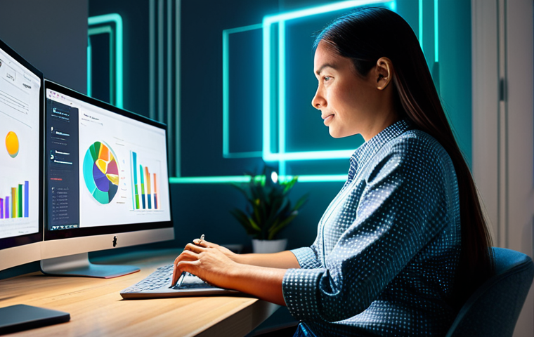 A professional female content creator, fully clothed in modest business casual attire, is seated at a sleek modern desk in a well-lit home office. Her computer screen displays vibrant motion graphic elements and a clean interface. Surrounding her are subtle, glowing abstract shapes and lines, symbolizing high-quality digital resources, with a focus on creativity and accessibility. The scene captures a moment of focused discovery and innovation, perfect anatomy, correct proportions, natural pose, well-formed hands, proper finger count, natural body proportions, professional photography, high quality, safe for work, appropriate content, family-friendly.