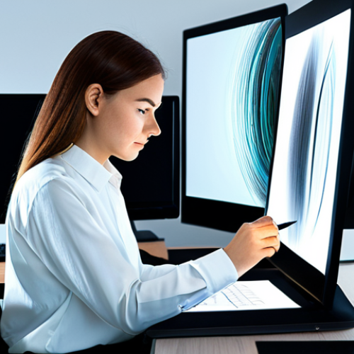 Home 7 A professional digital artist, female, in a modest long-sleeved shirt and trousers, deeply focused while working on a high-resolution photo manipulation project on a large, illuminated monitor. She is using a pen tablet to precisely adjust layers and apply creative filters. The background is a modern, clean design studio with soft ambient lighting and subtle abstract art on the walls. The image conveys creativity and precision. Fully clothed, appropriate attire, safe for work, perfect anatomy, correct proportions, natural pose, well-formed hands, proper finger count, natural body proportions, professional photography, high quality, family-friendly content.