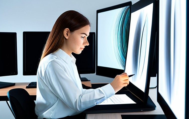 A professional digital artist, female, in a modest long-sleeved shirt and trousers, deeply focused while working on a high-resolution photo manipulation project on a large, illuminated monitor. She is using a pen tablet to precisely adjust layers and apply creative filters. The background is a modern, clean design studio with soft ambient lighting and subtle abstract art on the walls. The image conveys creativity and precision. Fully clothed, appropriate attire, safe for work, perfect anatomy, correct proportions, natural pose, well-formed hands, proper finger count, natural body proportions, professional photography, high quality, family-friendly content.
