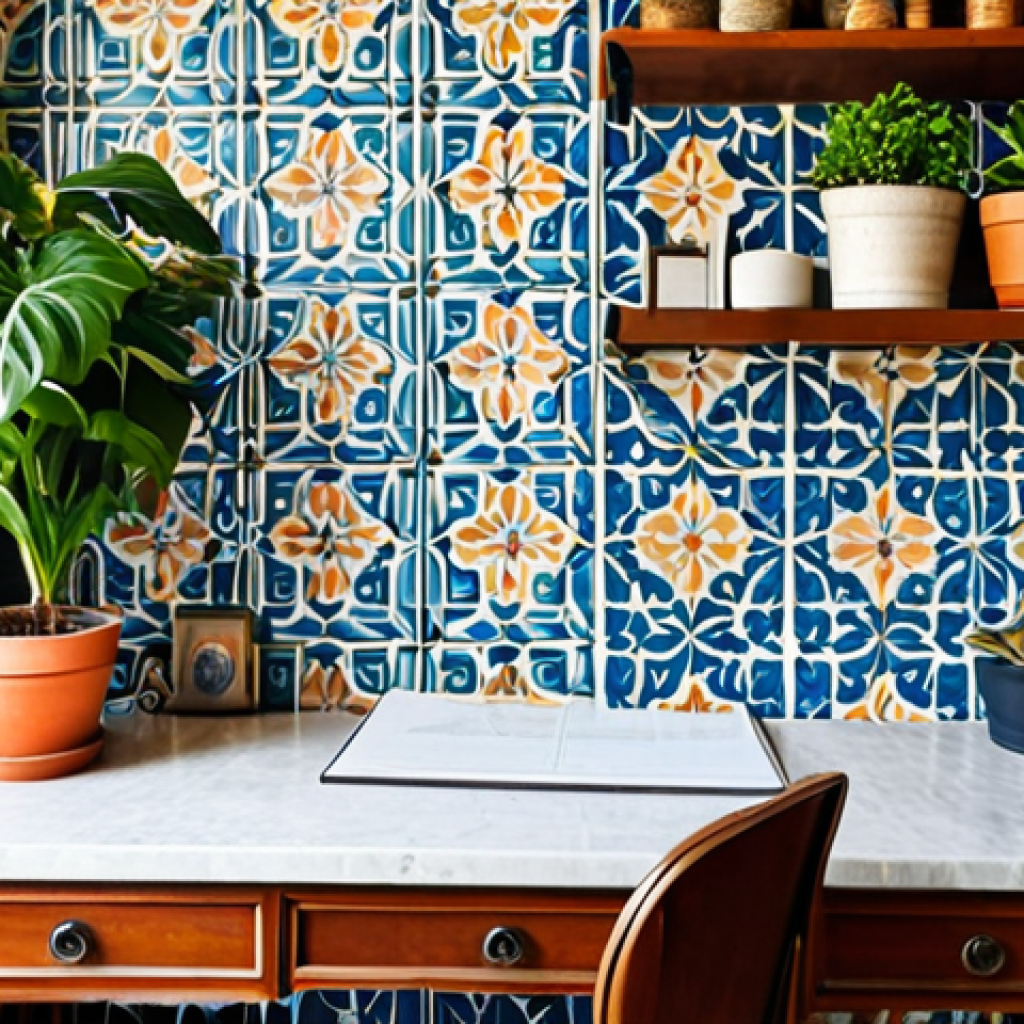 디자인에서 패턴과 텍스처 활용법 - **Prompt:** "A cozy home office bathed in warm, natural light. A vintage hydraulic tile-patterned wa...