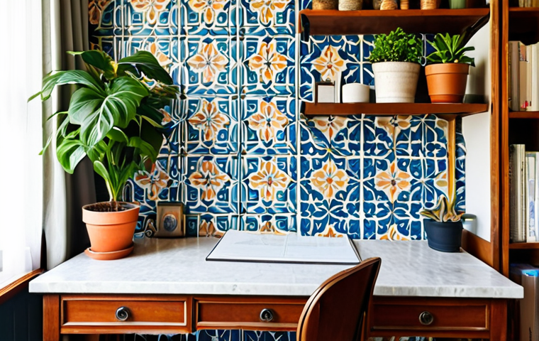 디자인에서 패턴과 텍스처 활용법 - **Prompt:** "A cozy home office bathed in warm, natural light. A vintage hydraulic tile-patterned wa...
