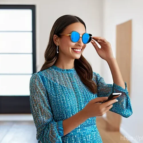 최신 증강현실 AR  디자인 사례 - **Augmented Reality Fashion Try-On:** A stylish young woman in her mid-20s stands in a bright, moder...