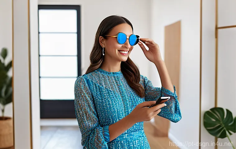 최신 증강현실 AR  디자인 사례 - **Augmented Reality Fashion Try-On:** A stylish young woman in her mid-20s stands in a bright, moder...