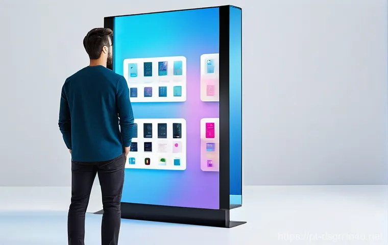 디자인 초보자를 위한 색상 대비 활용 - A diverse male designer in his 30s, dressed in smart-casual attire, is standing and interacting with...