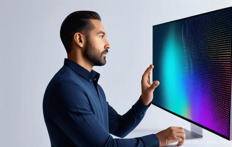 디자인 초보자를 위한 색상 대비 활용 - A diverse male designer in his 30s, dressed in smart-casual attire, is standing and interacting with...