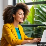 Home 23 포트폴리오 제작을 위한 웹사이트 빌더 추천 - A modern, bright home office setup with a young Brazilian professional using a laptop featuring a dr...
